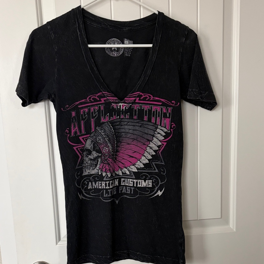Affliction Black Tee with Pink Skull Graphic